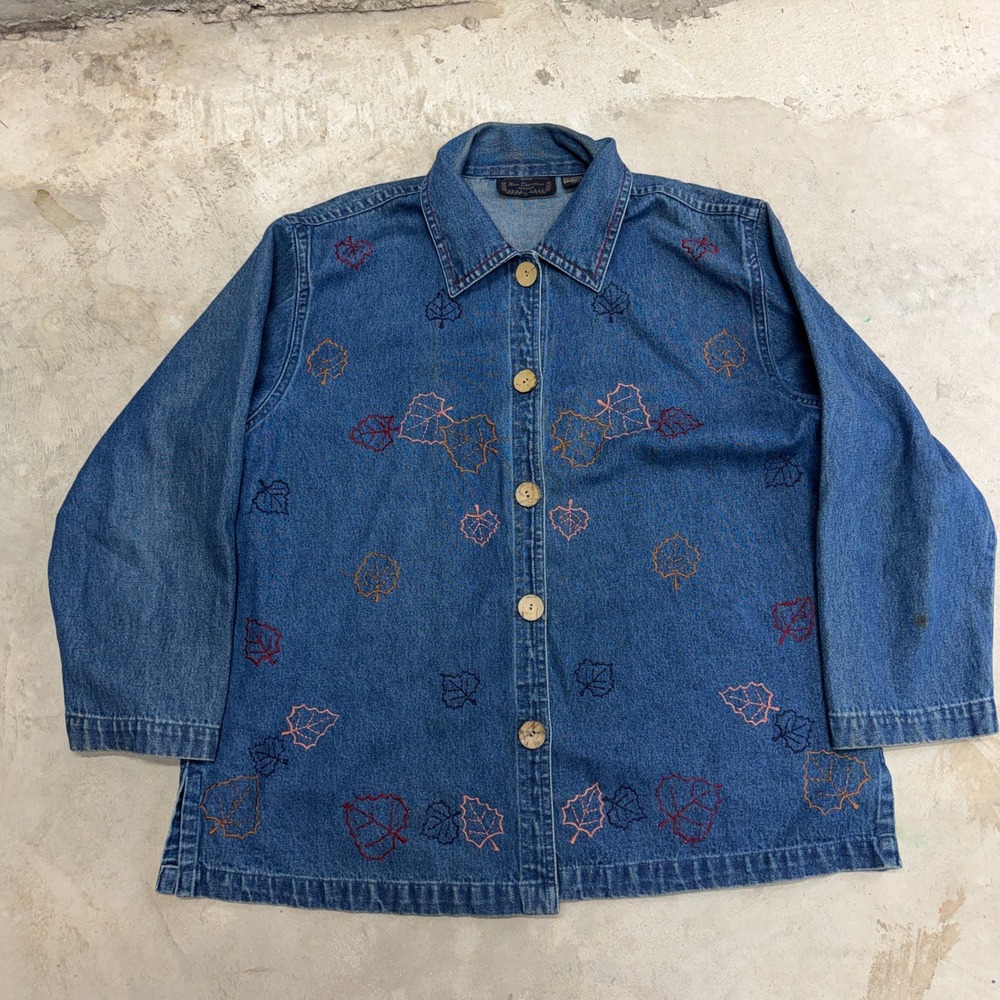 New Direction Woman Denim Button Up Shirt Long Sleeve Embroidered Leaves Size 1X